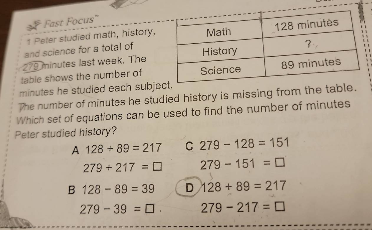 Fast Focus"
1 Peter studied math, history,
and science for a total of
279 minutes last week. The
table shows the number of
minutes he studied each subje
The number of minutes he studied history is missing from the table.
Which set of equations can be used to find the number of minutes
Peter studied history?
A 128+89=217 C 279-128=151
279+217=□
279-151=□
B 128-89=39 D 128+89=217
279-39=□
279-217=□