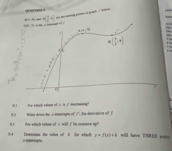 AG
A(1;9) mnd B( 5/2 :8) are the turning points of graph ∫ below.
kere
is the y-intercept of ∫
All hi
Die
Die
Die
51
4lo
3 le
6 le
9.1 For which values of x is ∫ decreasing?
9.2 Write down the x-intercepts of f^1 , the derivative of f.
9.3  For which values of x will ∫ be concave up?
9.4 Determine the value of k for which y=f(x)+k will have THREE positive
x-intercepts.