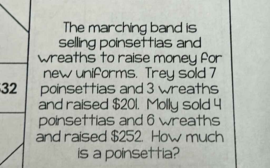 The marching band is 
selling poinsettias and 
wreaths to raise money for 
new uniforms. Trey sold 7
3poinsettias and 3 wreaths 
and raised $201. Molly sold 4
poinsettias and 6 wreaths 
and raised $252. How much 
is a poinsettia?