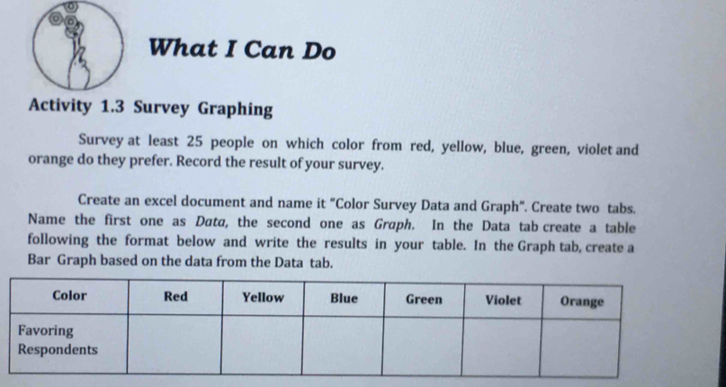 What I Can Do 
Activity 1.3 Survey Graphing 
Survey at least 25 people on which color from red, yellow, blue, green, violet and 
orange do they prefer. Record the result of your survey. 
Create an excel document and name it “Color Survey Data and Graph”. Create two tabs. 
Name the first one as Data, the second one as Graph. In the Data tab create a table 
following the format below and write the results in your table. In the Graph tab, create a 
Bar Graph based on the data from the Data tab.