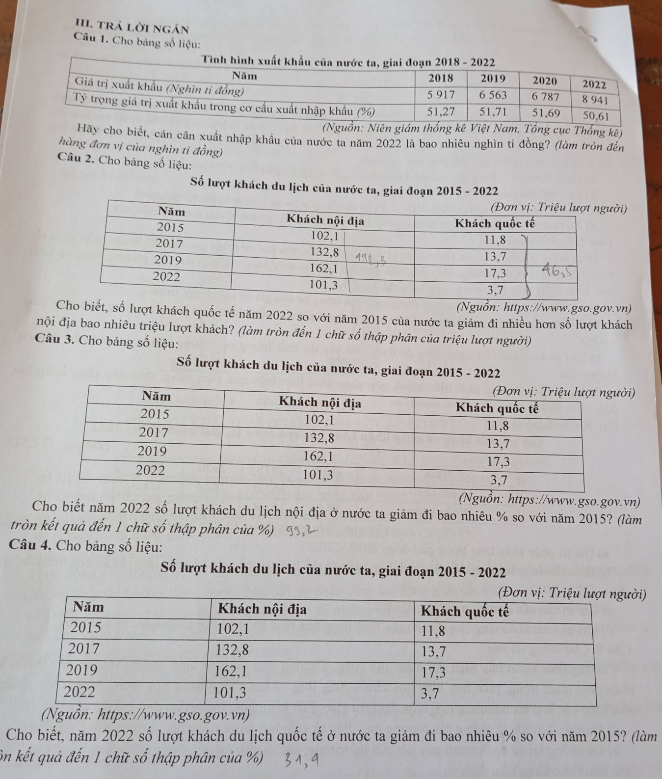 trả lời ngán 
Câu 1. Cho bảng số liệu: 
n: Niên giám thống kê Việt Nam, Tổng cục Thống kê) 
Hãy cho biết, cán cân xuất nhập khầu của nước ta năm 2022 là bao nhiêu nghìn tỉ đồng? (làm tròn đến 
hàng đơn vị của nghìn ti đồng) 
Câu 2. Cho bảng số liệu: 
Số lượt khách du lịch của nước ta, giai đoạn 2015 - 2022 
i) 
(Nguồn: https://www.gso.gov.vn) 
ết, số lượt khách quốc tế năm 2022 so với năm 2015 của nước ta giảm đi nhiều hơn số lượt khách 
nội địa bao nhiêu triệu lượt khách? (làm tròn đến 1 chữ số thập phân của triệu lượt người) 
Câu 3. Cho bảng số liệu: 
Số lượt khách du lịch của nước ta, giai đoạn 2015 - 2022 
i) 
(Nguồn: https://www.gso.gov.vn) 
Cho biết năm 2022 số lượt khách du lịch nội địa ở nước ta giảm đi bao nhiêu % so với năm 2015? (làm 
tròn kết quả đến 1 chữ số thập phân của %) 
Câu 4. Cho bảng số liệu: 
Số lượt khách du lịch của nước ta, giai đoạn 2015 - 2022 
i) 
ps://www.gso.gov.vn) 
Cho biết, năm 2022 số lượt khách du lịch quốc tế ở nước ta giảm đi bao nhiêu % so với năm 2015? (làm 
ôn kết quả đến 1 chữ số thập phân của %)