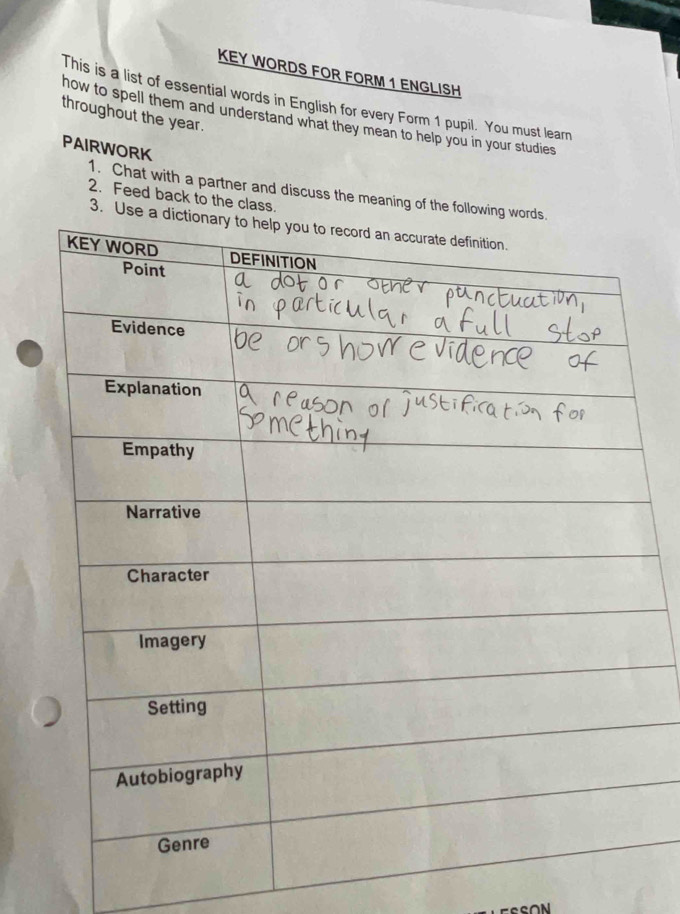 KEY WORDS FOR FORM 1 ENGLISH 
This is a list of essential words in English for every Form 1 pupil. You must learn 
throughout the year. 
how to spell them and understand what they mean to help you in your studies 
PAIRWORK 
1. Chat with a partner and discuss the meaning of the following wo 
2. Feed back to the class. 
3. Use a