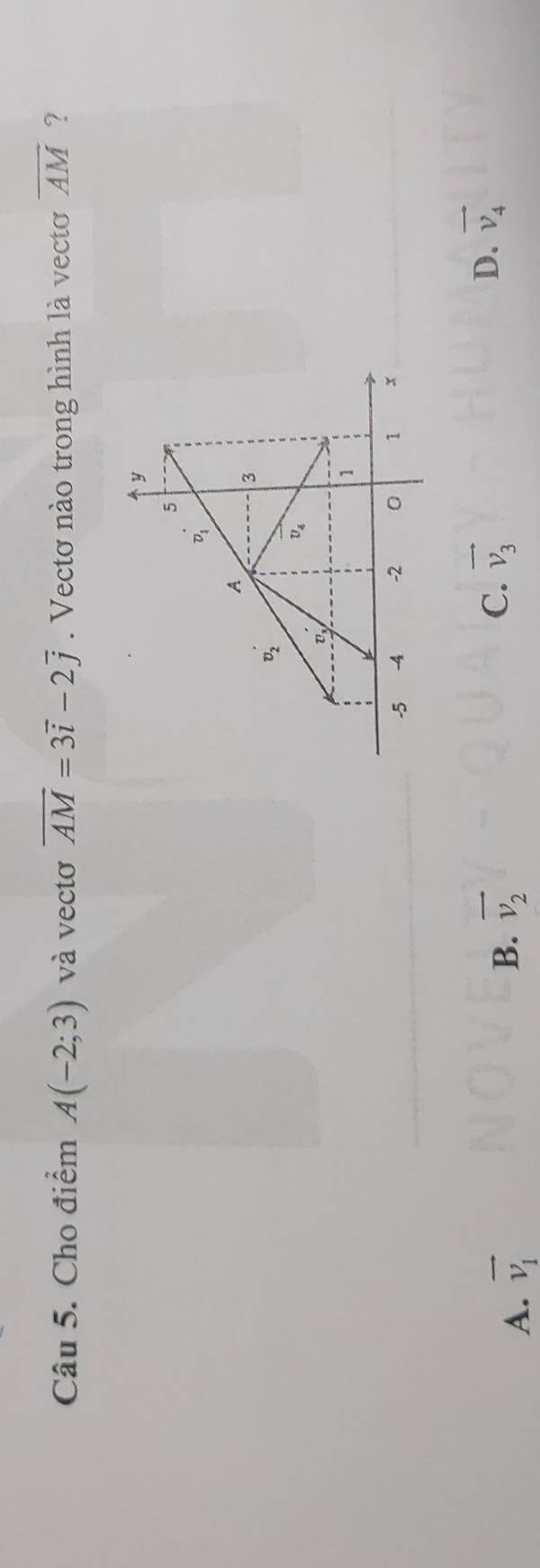 Cho điểm A(-2;3) và vectơ overline AM=3overline i-2overline j. Vectơ nào trong hình là vectơ overline AM ?
A. vector v_1
B. vector v_2
C. vector v_3 D. vector v_4