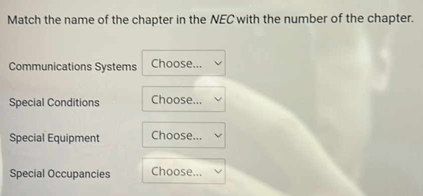 Solved: Match the name of the chapter in the NEC with the number of the ...