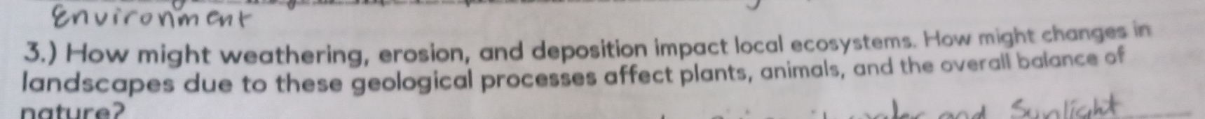 3.) How might weathering, erosion, and deposition impact local ecosystems. How might changes in 
landscapes due to these geological processes affect plants, animals, and the overall balance of 
nature2