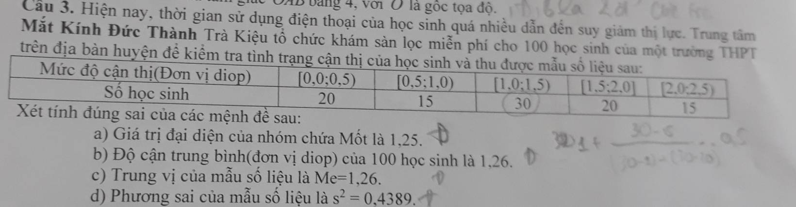 OAB bảng 4, với Ở là gốc tọa độ.
Câu 3. Hiện nay, thời gian sử dụng điện thoại của học sinh quá nhiều dẫn đến suy giảm thị lực. Trung tâm
Mắt Kính Đức Thành Trà Kiệu tổ chức khám sản lọc miễn phí cho 100 học sinh của một trường THPT
trên địa bàn huyện để kiểm tra 
a) Giá trị đại diện của nhóm chứa Mốt là 1,25.
b) Độ cận trung bình(đơn vị diop) của 100 học sinh là 1,26.
c) Trung vị của mẫu số liệu là Me=1,26.
d) Phương sai của mẫu số liệu là s^2=0,4389.