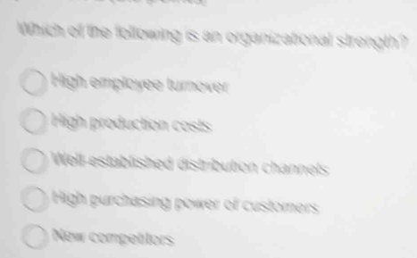 Which of the following is an organizational strength?
High employee turnover
High production costs
Well-established distribution channets
High purchasing power of customers
New compettors