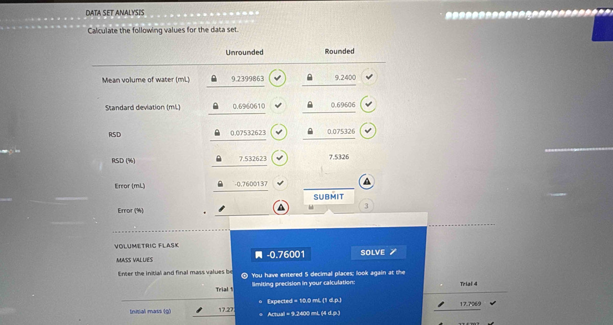 DATA SET ANALYSIS 
Calculate the following values for the data set. 
Unrounded Rounded 
Mean volume of water (mL) 9.2399863 9.2400
Standard deviation (mL) 0.6960610 0.69606
RSD 0.07532623 0.075326
RSD (%) 7.532623 7.5326
Error (mL) -0,7600137
SUBMIT 
Error (%) 
A ω 3
VOLUMETRIC FLASK 
MASS VALUES - 0.76001 SOLVE 
Enter the initial and final mass values be ⊙ You have entered 5 decimal places; look again at the 
Trial 1 limiting precision in your calculation: Trial 4
Expected = 10.0 mL (1 d.p.) 17.7069
Initial mass (g) 17.27 Actual = 9.2400 mL (4 d.p.)