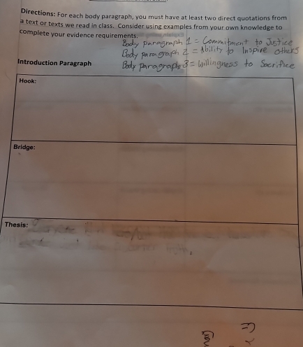 Directions: For each body paragraph, you must have at least two direct quotations from 
a text or texts we read in class. Consider using examples from your own knowledge to 
complete your evidence requirements. 
Introduction Paragraph 
Hook: 
Bridge: 
Thesis: