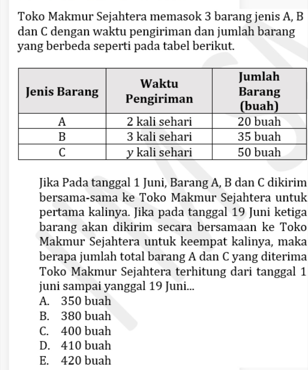 Toko Makmur Sejahtera memasok 3 barang jenis A, B
dan C dengan waktu pengiriman dan jumlah barang
yang berbeda seperti pada tabel berikut.
Jika Pada tanggal 1 Juni, Barang A, B dan C dikirim
bersama-sama ke Toko Makmur Sejahtera untuk
pertama kalinya. Jika pada tanggal 19 Juni ketiga
barang akan dikirim secara bersamaan ke Toko
Makmur Sejahtera untuk keempat kalinya, maka
berapa jumlah total barang A dan C yang diterima
Toko Makmur Sejahtera terhitung dari tanggal 1
juni sampai yanggal 19 Juni...
A. 350 buah
B. 380 buah
C. 400 buah
D. 410 buah
E. 420 buah