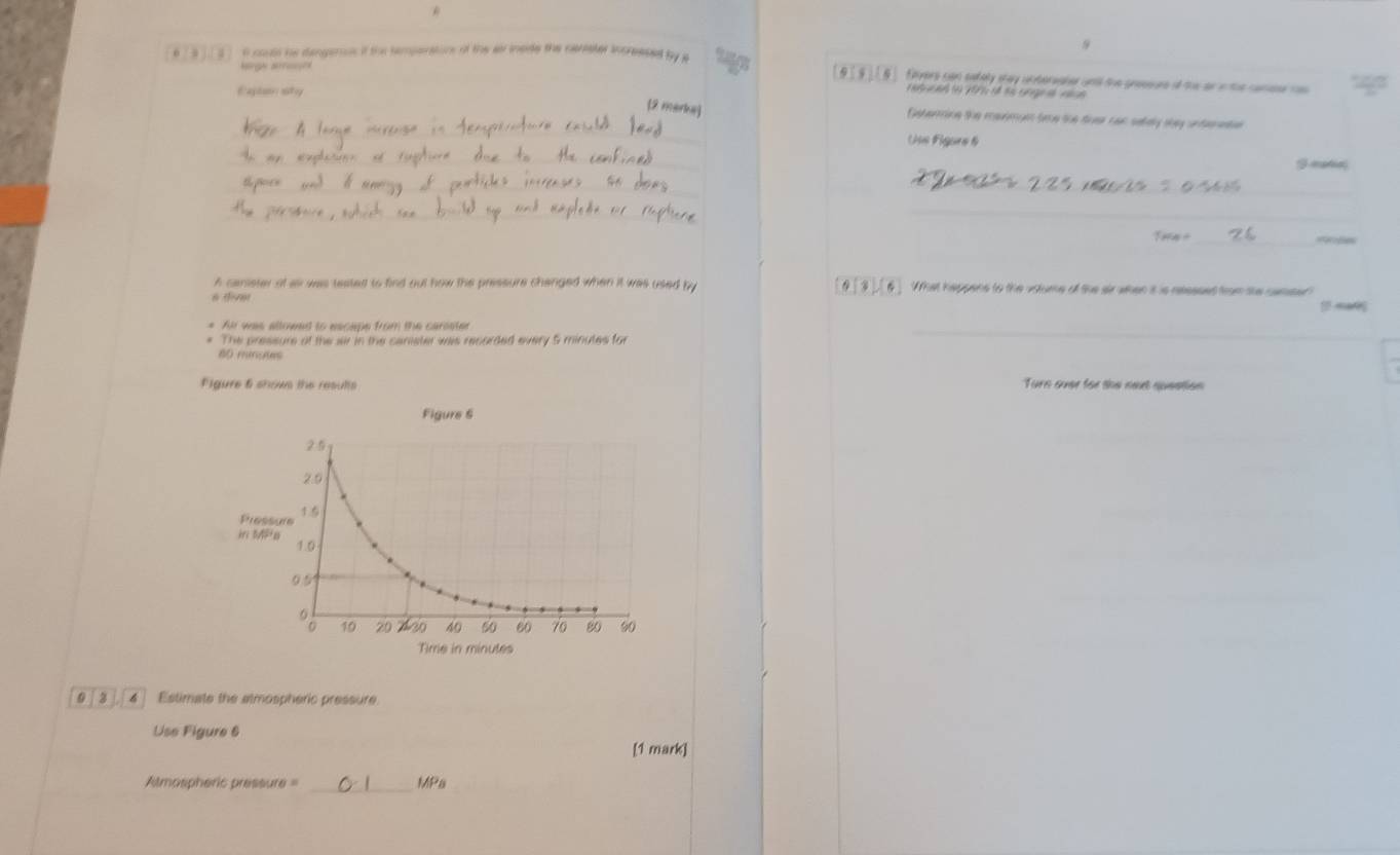 Hirgh aroog 
6 , . f cous he dengerous if the temperations of the ar incide the carister incressed by a [9]9][6] fters can sately may unbereaher unil the gressure of the an in the camaer ca 
Exptan why 
(2 marks) 
_ 
Geterring the meimge teme the tre can setely they unte ets 
Uus Figure 6 
_ 
Smatia 
__ 
_ 
_ 
_ 
_ te 
h canieter at as was teated to find out how the pressure changed when it was used by [9[3][6] What heppens to the voume of the air when it is resssed from the camsed) 
a diver 
__ 
* Al was altrued to escape from the caroste 
* The pressure of the air in the canister was recorded every 5 minutes for 
BO miutes 
Figure 6 shows the results Turs suee for the set queation 
0 3 4 Estimate the atmospheric pressure. 
Use Figure 6 
[1 mark] 
_
Atmospheric pressure= MPa