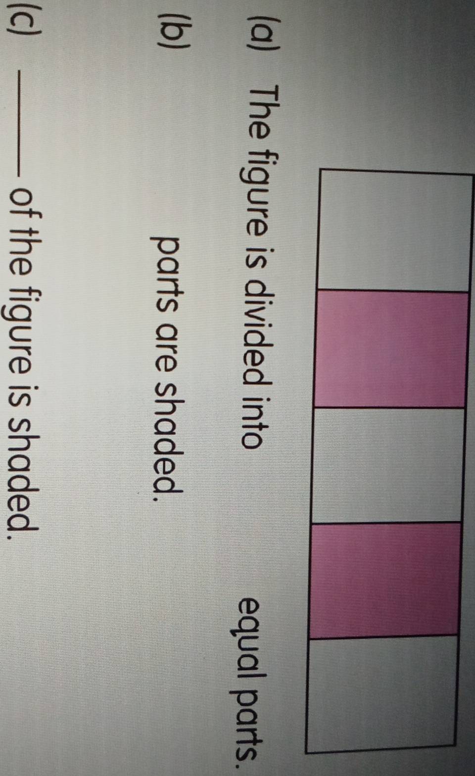 The figure is divided into 
equal parts. 
(b) 
parts are shaded. 
(c) _of the figure is shaded.