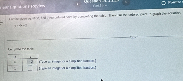 Question 14, 3.2.13 
near Equations Review Part 2 of 4 Points: 
For the given equation, find three ordered pairs by completing the table. Then use the ordered pairs to graph the equation,
y=4x-2
Complete the table. 
Type an integer or a simplified fraction.) 
Type an integer or a simplified fraction.)