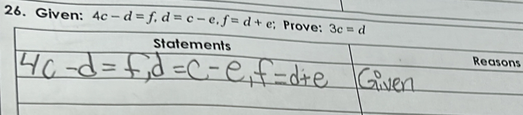 Given: 4c-d=f,d=c-e,f=d+e
s