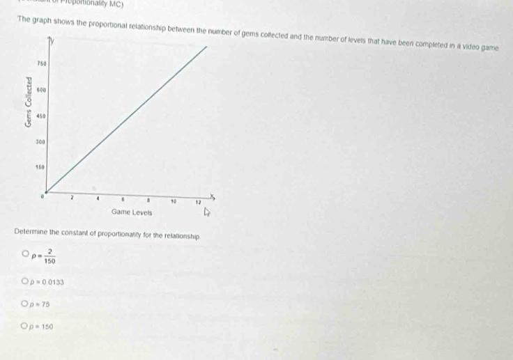 ortionality MC)
The graph shows the proportional relationship ber of gems collected and the number of levels that have been completed in a video game
Determine the constant of proportionalily for the relationship.
rho = 2/150 
p=0.0133
p=75
p=150