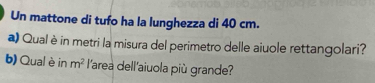 Un mattone di tufo ha la lunghezza di 40 cm. 
a) Qual è in metri la misura del perimetro delle aiuole rettangolari? 
b) Qual è in m^2 * l'area dell'aiuola più grande?