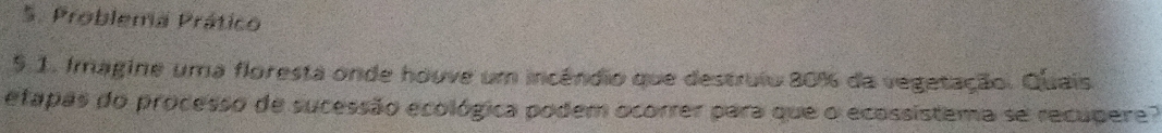 Problema Prático 
9.1. Imagine uma floresta onde houve um incêndio que destruio 80% da vegetação. Quais 
etapas do processo de sucessão ecológica podem ocorrer para que o ecossistema se recupere?