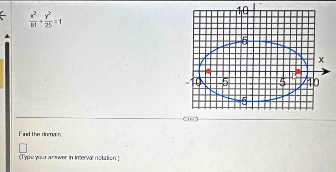  x^2/81 + y^2/25 =1
Find the domain. 
(Type your answer in interval notation.)