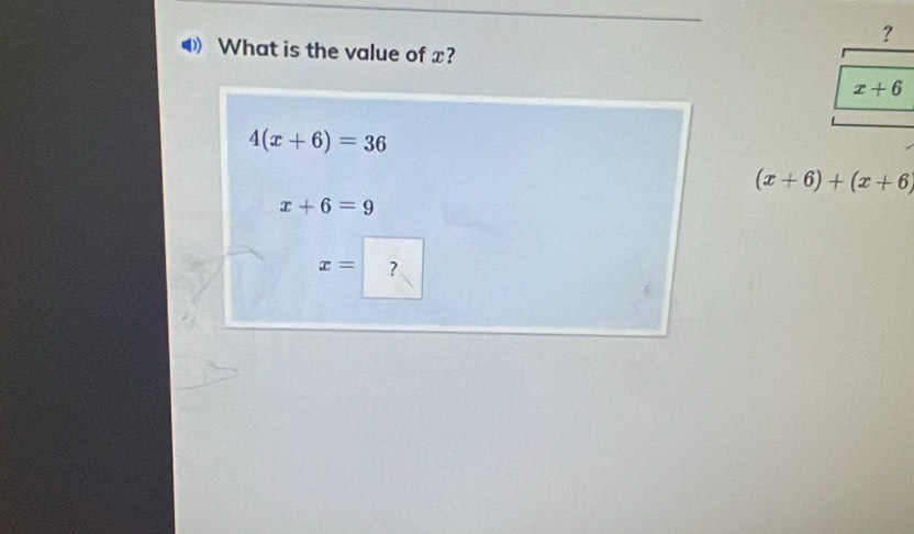 What is the value of x?
4(x+6)=36
(x+6)+(x+6)
x+6=9
x= ?