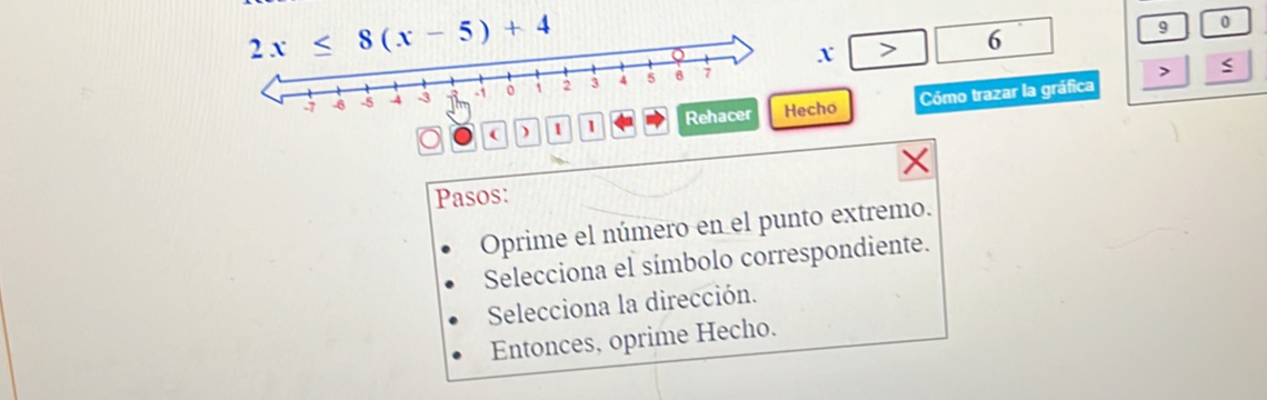 2x≤ 8(x-5)+4
q 0
6
X
□ ` 
( ) 1 1Rehacerecho Cómo trazar la gráfica 
Pasos: 
Oprime el número en el punto extremo. 
Selecciona el símbolo correspondiente. 
Selecciona la dirección. 
Entonces, oprime Hecho.