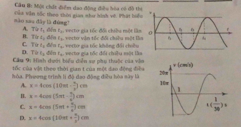 Một chất điểm dao động điều hòa có đồ thị
của vận tốc theo thời gian như hình vẽ. Phát biểu
nào sau đây là đúng?
A. Từ t_1 đến t_2 , vectơ gia tốc đổi chiều một lần
B. Từ t_2 đến t_3 , vectơ vận tốc đổi chiều một lần
C. Từ t_3 đến t_4 , vectơ gia tốc không đối chiều
D. Từ t_3 đến t_4 , vectơ gia tốc đổi chiều một lần
Câu 9: Hình dưới biểu diễn sự phụ thuộc của vận
tốc của vật theo thời gian t của một dao động điều 
hòa. Phương trình li độ dao động điều hòa này là
A. x=4cos (10π t·  π /3 )cm
B. x=4cos (5π t- π /6 )cm
C. x=4cos (5π t+ π /6 )cm
D. x=4cos (10π t+ π /3 )cm