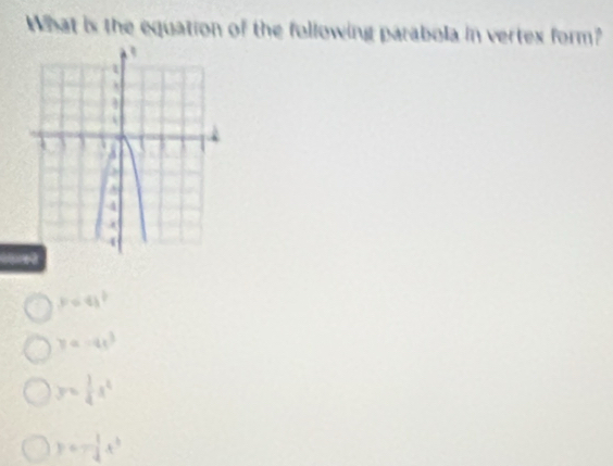 What is the equation of the following parabola in vertex form?
p=4)^?
y=-4x^3
y= 1/4 x^2
y=- 1/4 x^3