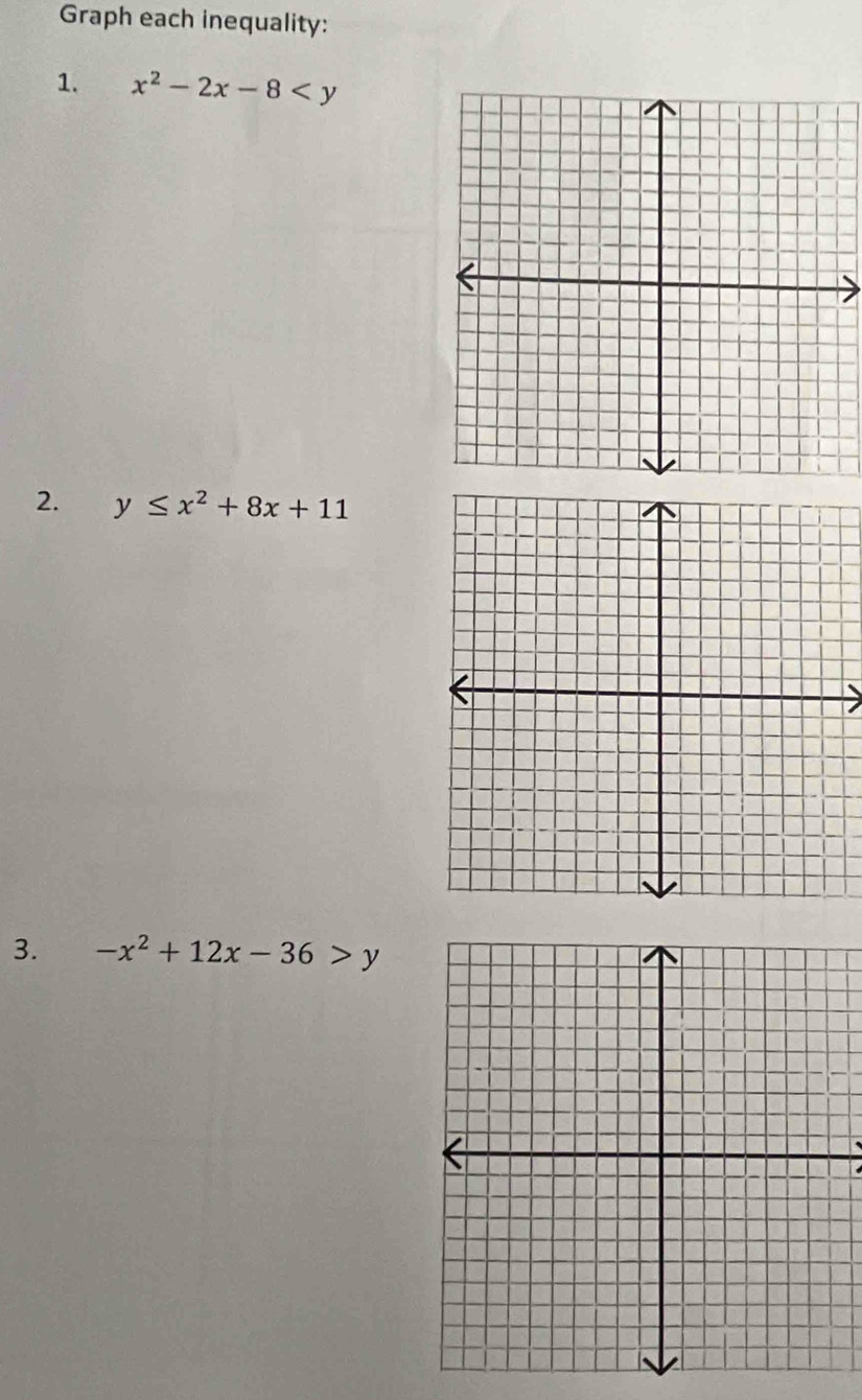 Graph each inequality:
1. x^2-2x-8
2. y≤ x^2+8x+11
3. -x^2+12x-36>y