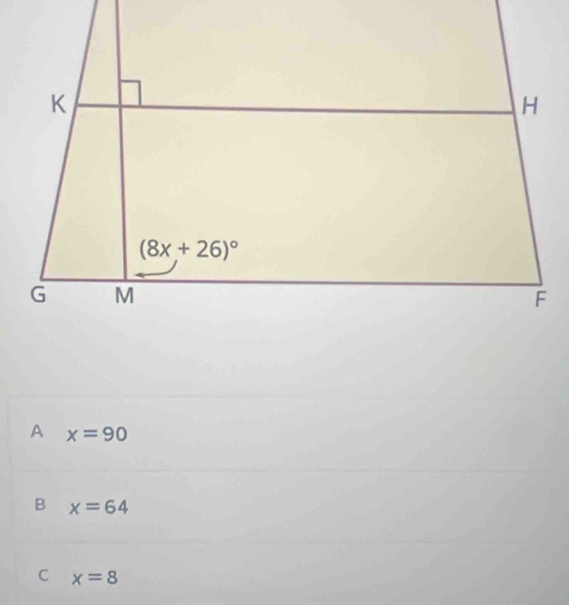 A x=90
B x=64
C x=8