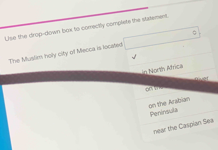 Use the drop-down box to correctly complete the statement. 
The Muslim holy city of Mecca is located □°
in North Africa 
piver 
on the 
on the Arabian 
Peninsula 
near the Caspian Sea