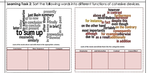 Learning Task 2: Sort the following words into different functions of cohesive devices.
presently in contrast however
just likein summary nevertheless moreover
up to now above all furthermore
in conclusion
later8 eat present l i finally for instancein fact despite this even though

on the other hand____. certainlyon the contrary
most importantly
to sum up although for exampleotherwis consequently
meanwhile likewise due to as a resultadditionally
similarly .⊆ in addition
look at the words aboee and wife them in the appropriate calumes . Look at the words and divide them into the colegories below.
Canclnian Nner Jequence Compare