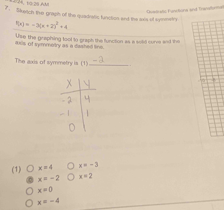 24
sim 2 10:26 AM 
Quadratic Functions and Transformat 
7. Sketch the graph of the quadratic function and the axis of symmetry
f(x)=-3(x+2)^2+4
Use the graphing tool to graph the function as a solid curve and the 
axis of symmetry as a dashed line. 
The axis of symmetry is (1)_ 
. 、
- 0 -B 
(1) x=4 x=-3
x=-2 x=2
x=0
x=-4