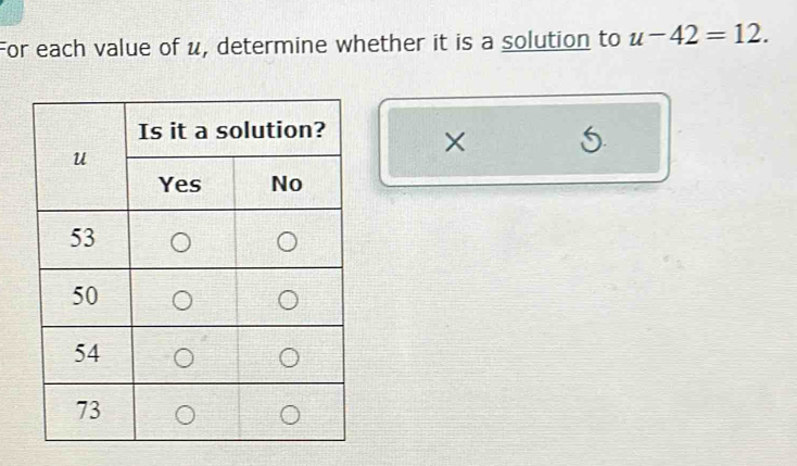 For each value of u, determine whether it is a solution to u-42=12. 
× 5