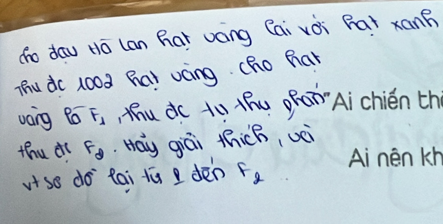 do dau Hā lan har váng Cai vài Par xanB 
Thu dc lood hat voing. cho har 
wáng Bo F_1 , hu dc to thu ghān`Aichién th 
thu dc F_g. Hay giái thicB, vei 
vi so do tai tú I dēn F_2
Ai nén K