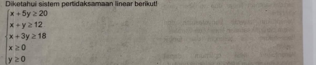 Diketahui sistem pertidaksamaan linear berikut!
beginarrayl x+5y≥ 20 x+y≥ 12 x+3y≥ 18 x≥ 0 y≥ 0endarray.