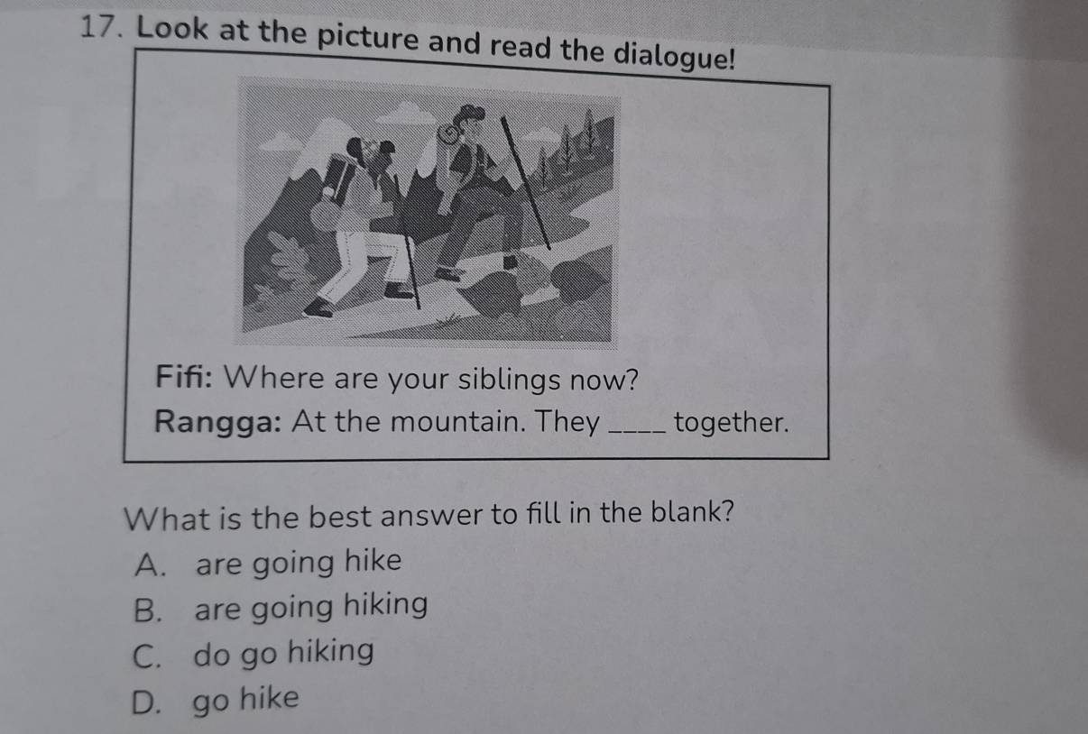 Look at the picture and read the dialogue!
Fifi: Where are your siblings now?
Rangga: At the mountain. They _together.
What is the best answer to fill in the blank?
A. are going hike
B. are going hiking
C. do go hiking
D. go hike