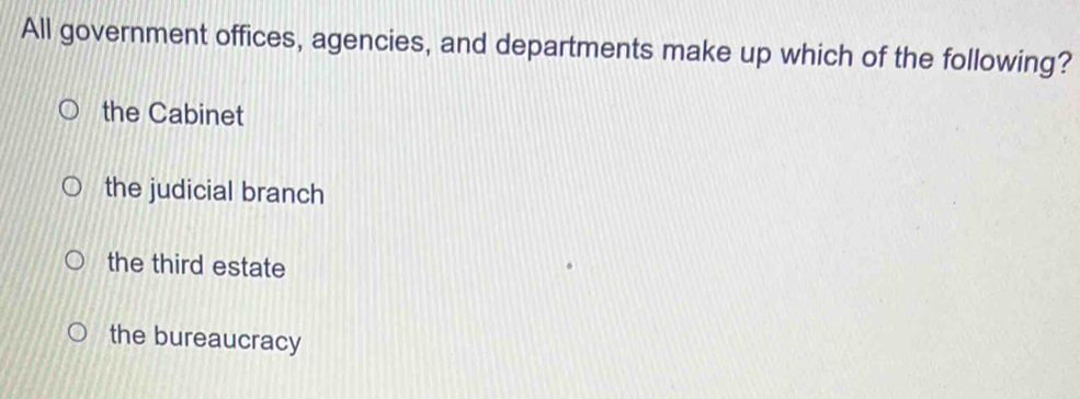 All government offices, agencies, and departments make up which of the following?
the Cabinet
the judicial branch
the third estate
the bureaucracy