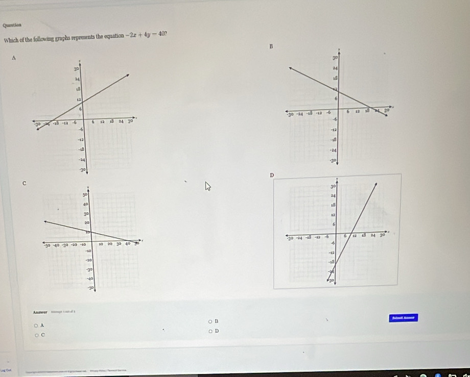 Question 
Which of the following graphs represents the equation -2x+4y-40
B 
A 





D 
c 

Answer tnmpt tou ol a 
B Subnit Annne 
A 
D 
C 
C