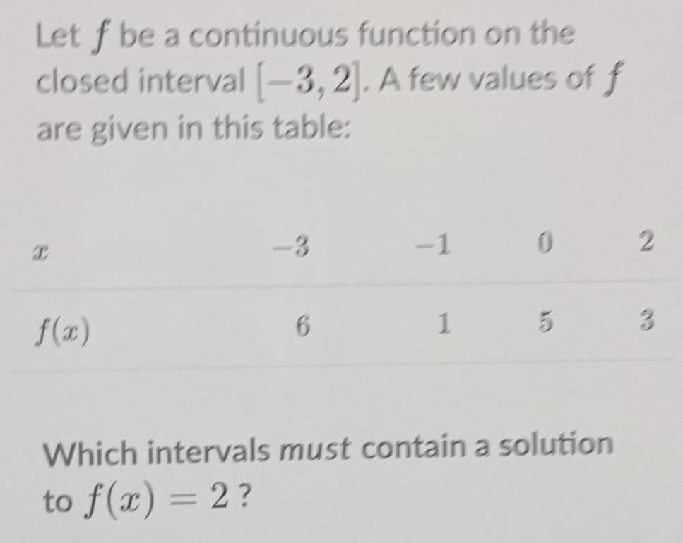 Let f be a continuous function on the
closed interval [-3,2]. A few values of f
are given in this table:
Which intervals must contain a solution
to f(x)=2 ?