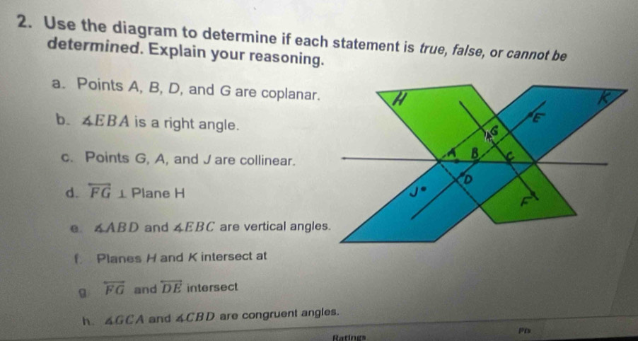 Use the diagram to determine if each statement is true, false, or cannot be 
determined. Explain your reasoning. 
a. Points A, B, D, and G are coplanar 
b. ∠ EBA is a right angle. 
c. Points G, A, and J are collinear. 
d. overleftrightarrow FG⊥ Plane H
e. ∠ ABD and ∠ EBC are vertical angl 
f Planes H and K intersect at
overleftrightarrow FG and overleftrightarrow DE intersect 
h. ∠ GCA and ∠ CBD are congruent angles. 
Ratines