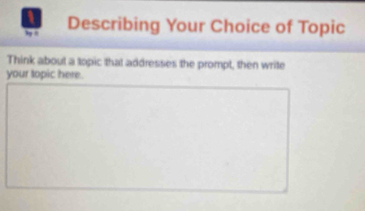 Describing Your Choice of Topic 
Think about a topic that addresses the prompt, then write 
your topic here.