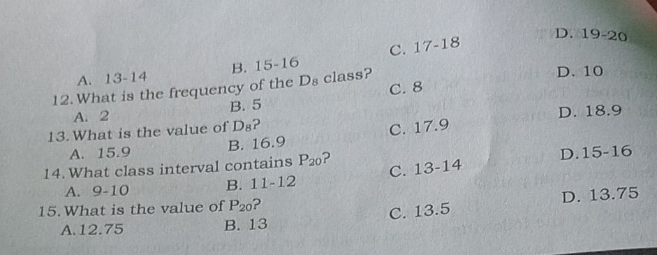 C. 17-18
D. 19-20
B. 15-16
A. 13-14
D. 10
12.What is the frequency of the D_8 class? C. 8
A. 2 B. 5
D. 18.9
13. What is the value of D₈?
A. 15.9 B. 16.9 C. 17.9
C. 13-14 15-16
14. What class interval contains P_20 ?
D.
A. 9-10.
B. 11-12
15.What is the value of P_20 ?
C. 13.5 D. 13.75
A. 12.75 B. 13