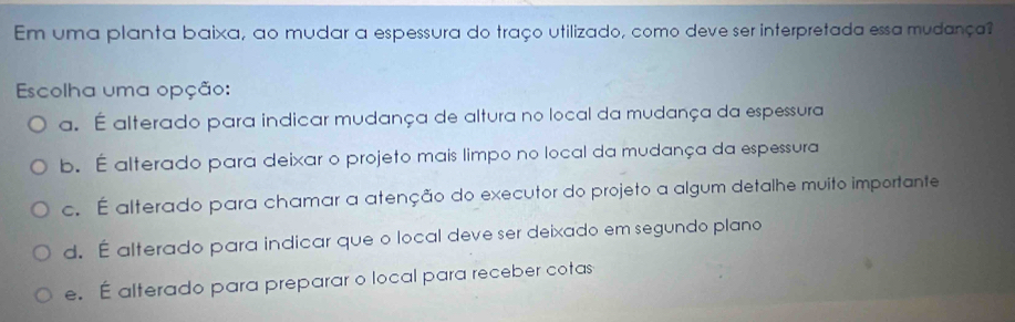 Em uma planta baixa, ao mudar a espessura do traço utilizado, como deve ser interpretada essa mudança?
Escolha uma opção:
a. É alterado para indicar mudança de altura no local da mudança da espessura
b. É alterado para deixar o projeto mais limpo no local da mudança da espessura
c. É alterado para chamar a atenção do executor do projeto a algum detalhe muito importante
d. É alterado para indicar que o local deve ser deixado em segundo plano
e. É alterado para preparar o local para receber cotas