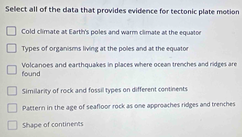 Select all of the data that provides evidence for tectonic plate motion
Cold climate at Earth's poles and warm climate at the equator
Types of organisms living at the poles and at the equator
Volcanoes and earthquakes in places where ocean trenches and ridges are
found
Similarity of rock and fossil types on different continents
Pattern in the age of seafloor rock as one approaches ridges and trenches
Shape of continents