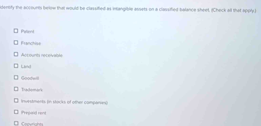 ldentify the accounts below that would be classified as intangible assets on a classified balance sheet. (Check all that apply.)
Patent
Franchise
Accounts receivable
Land
Goodwill
Trademark
Investments (in stocks of other companies)
Prepaid rent
Copyrights