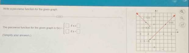 Write a piecewise function for the given graph
The piecewise function for the given graph is f(x)=beginarrayl □ ifx≥slant □  □ ifx
(Simplify your answers.)