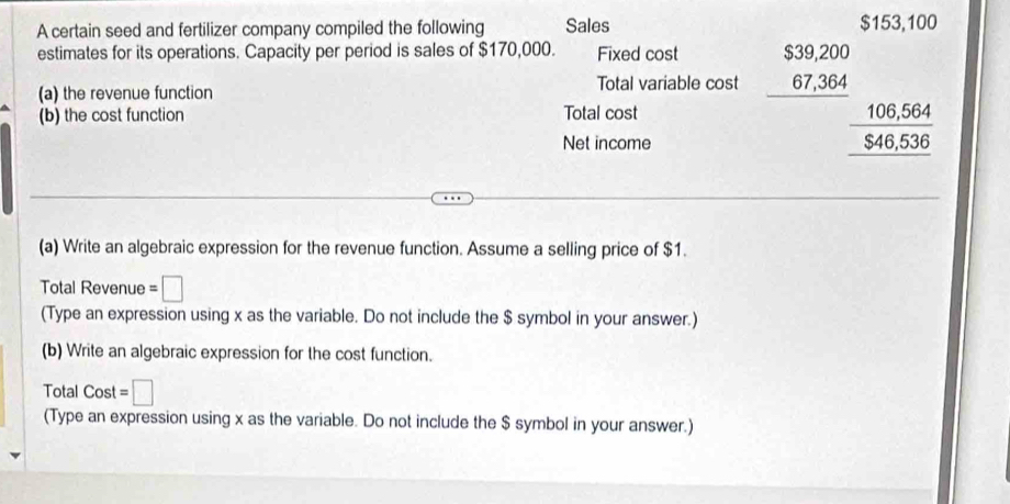 A certain seed and fertilizer company compiled the following Sales $153,100
estimates for its operations. Capacity per period is sales of $170,000. Fixed cost beginarrayr $39,200 67,364 hline endarray
(a) the revenue function Total variable cost 
(b) the cost function Total cost 
Net income^ frac 106,564$46,536 hline endarray 
(a) Write an algebraic expression for the revenue function. Assume a selling price of $1. 
Total Revenue =□
(Type an expression using x as the variable. Do not include the $ symbol in your answer.) 
(b) Write an algebraic expression for the cost function. 
Total Cost =□
(Type an expression using x as the variable. Do not include the $ symbol in your answer.)