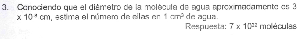 Conociendo que el diámetro de la molécula de agua aproximadamente es 3
* 10^(-8)cm , estima el número de ellas en 1cm^3 de agua. 
Respuesta: 7* 10^(22) moléculas