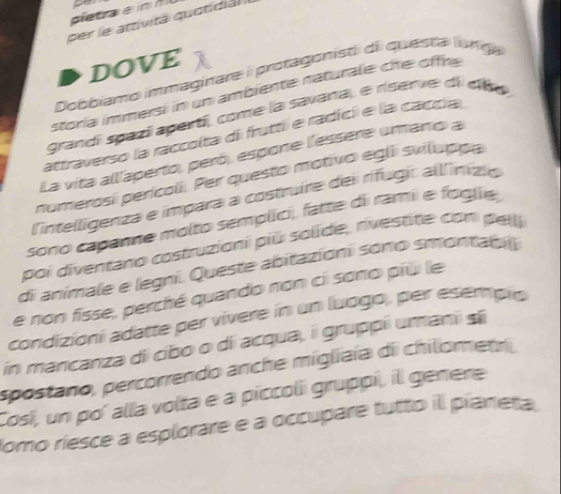 ietra e im p 
per le attivitá quotidial 
DOVE 
Dobbiamo immaginare i protagonisti di questa lunda 
storía immersi in un ambiente naturale che offre 
grandí spazí apertí, come la savana, e riserve di do 
attraverso la raccolta di fruttí e radici e la caccía 
La vita allíaperto, peró, espone l'essere umano a 
numerosi perícoli. Per questo mativo egli sviluppa 
l'intelligenza e ímpara a costruire dei rifugi: alllinízio 
sono capanne molto semplici, fatte di rami e foglie 
poi diventano costruzioni piú solide, nivestite con pell 
di animale e legni. Queste abitazioni sono smontabi) 
e non fisse, perché quando non ci sono più le 
condizioni adatte per vívere in un luogo, per esempio 
in mancanza di cibo o di acqua, i gruppíi umani si 
spostano, percorrendo anche migliaía di chilometri 
Cosi, un po' alla volta e a piccoli gruppi, il genere 
Jomo riesce a esplorare e a occupare tutto il pianeta