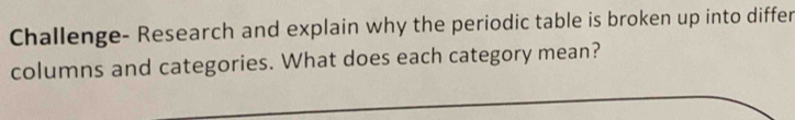 Challenge- Research and explain why the periodic table is broken up into differ 
columns and categories. What does each category mean?