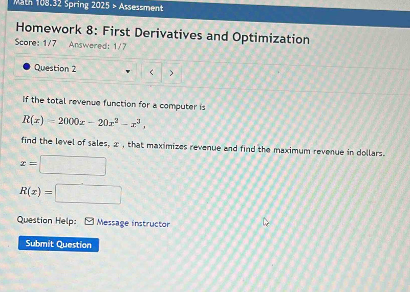 Solved: Math 108.32 Spring 2025 > Assessment Homework 8: First ...